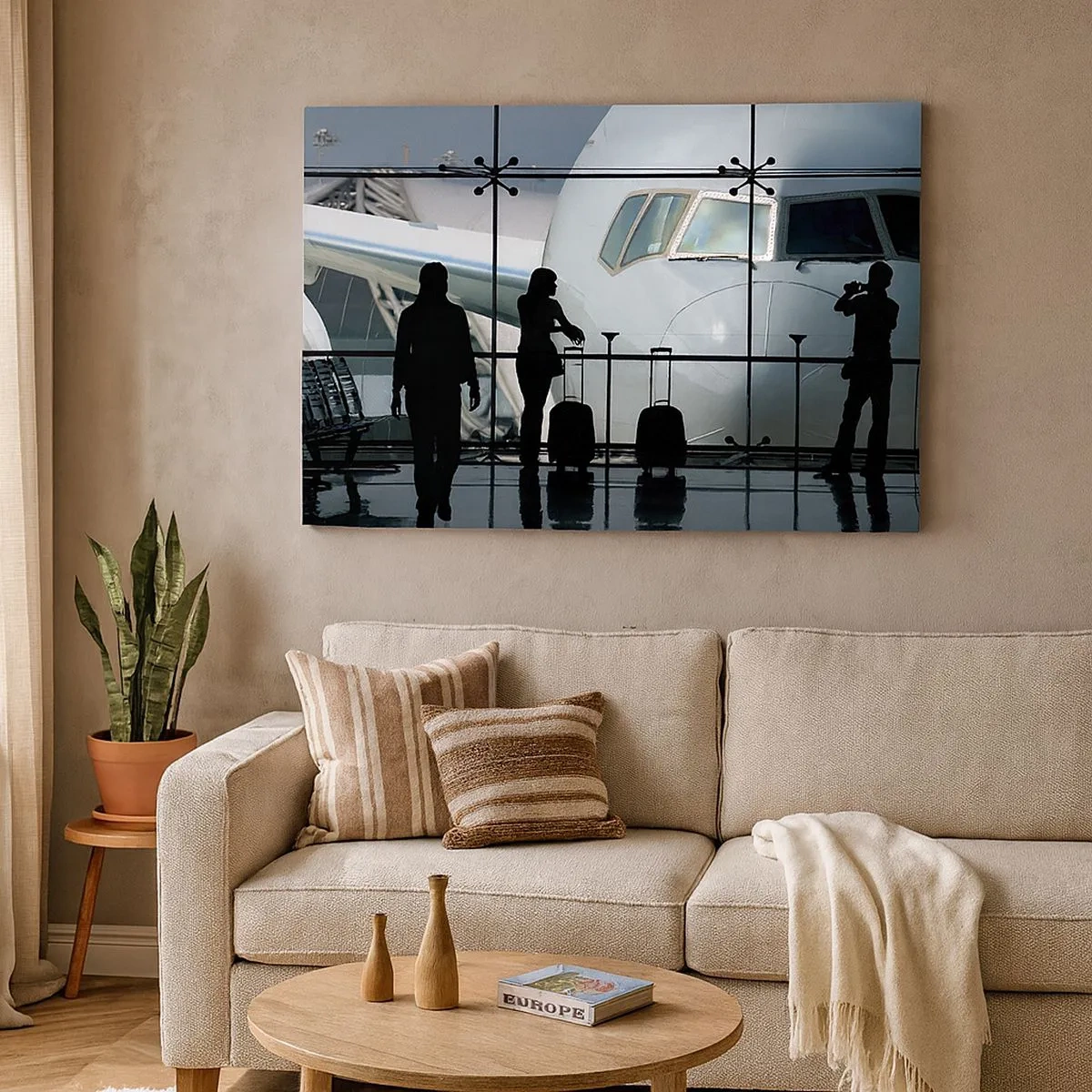 Tablou pe pânză Canvas - Aeroport cu siluete de oameni și o vedere a avionului - 70x50cm - Vis a vis la aeroport - Decorațiune modernă pentru perete pentru living și dormitor ARTTOR