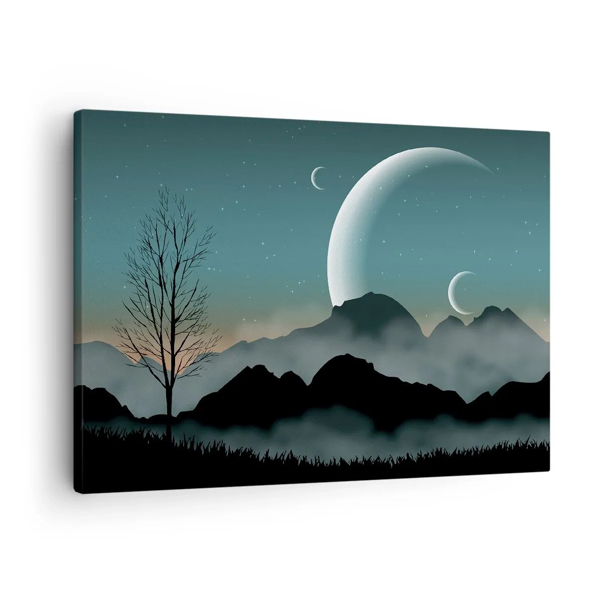 Tablou pe pânză Canvas - Munți încețoșați cu lună și un copac singuratic - 70x50cm - Carnavalul unei nopți înstelate - Decorațiune modernă pentru perete pentru living și dormitor ARTTOR