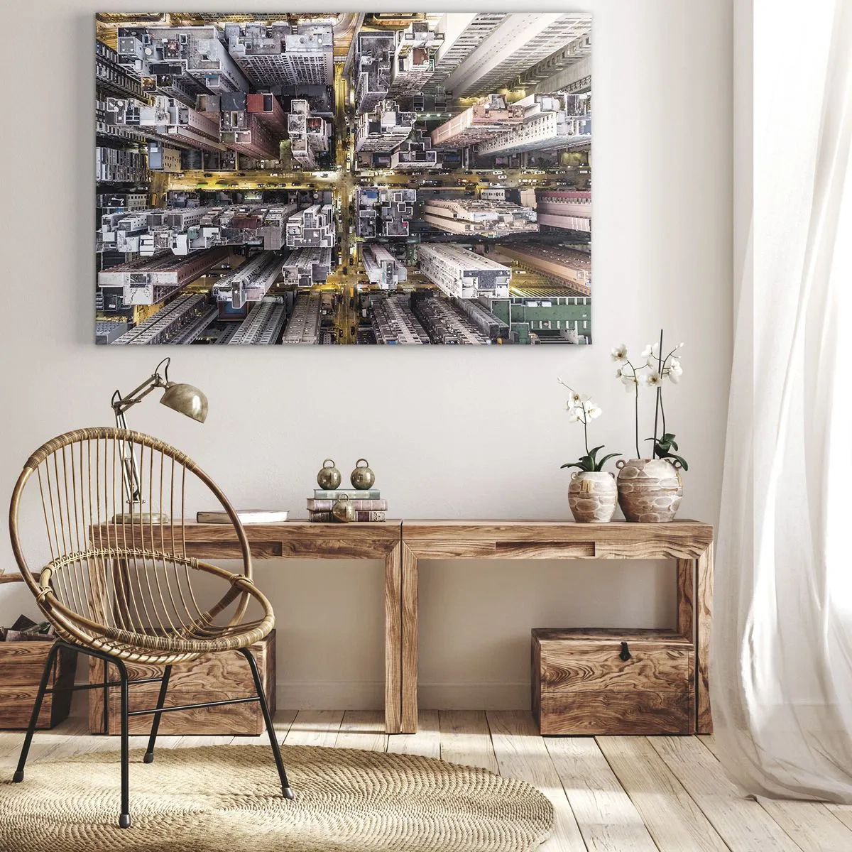 Tablou pe pânză Canvas - O vedere de sus a unui oraș plin de zgârie-nori - 70x50cm - Salutări din Hongkong - Decorațiune modernă pentru perete pentru living și dormitor ARTTOR