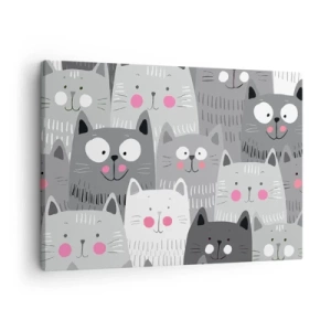 Tablou pe pânză Canvas - Un model distractiv cu pisici în nuanțe de gri - 70x50cm - Lumea felină - Decorațiune modernă pentru perete pentru living și dormitor ARTTOR