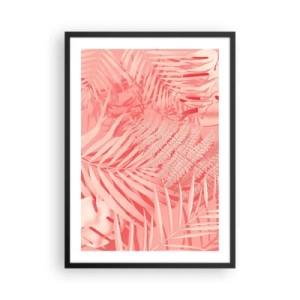 Poster în ramă neagră - Ferigă roz și frunze de palmier pe un fundal pastel - 50x70cm - Conceptul roz - Decorațiune modernă pentru perete pentru living și dormitor ARTTOR