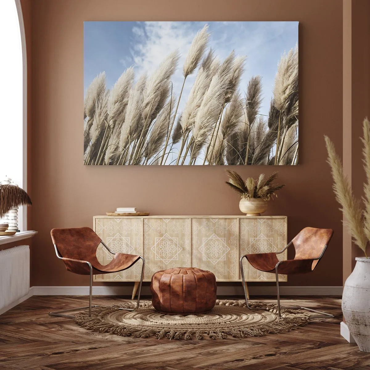 Tablou pe pânză Canvas - Ierburi delicate de pampas pe un cer albastru cu nori ușori - 70x50cm - Mângâiere însorită și vântoasă - Decorațiune modernă pentru perete pentru living și dormitor ARTTOR