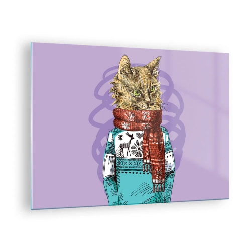 Tablou pe sticlă - O pisică într-un pulover și o eșarfă pe un fundal violet - 70x50cm - Motanul nu numai încălțat - Decorațiune modernă pentru perete pentru living și dormitor ARTTOR