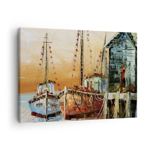 Tablou pe pânză Canvas - Bărci pe țărm în lumina caldă a apusului - 70x50cm - Întoarcere pașnică - Decorațiune modernă pentru perete pentru living și dormitor ARTTOR