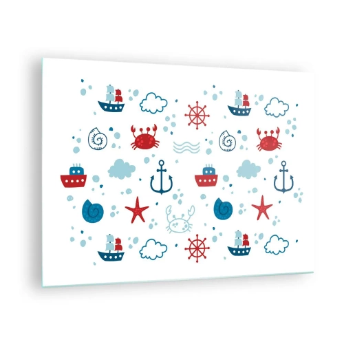 Tablou pe sticlă - Modele nautice cu crabi, ancore și nave - 70x50cm - O poveste maritimă - Decorațiune modernă pentru perete pentru living și dormitor ARTTOR