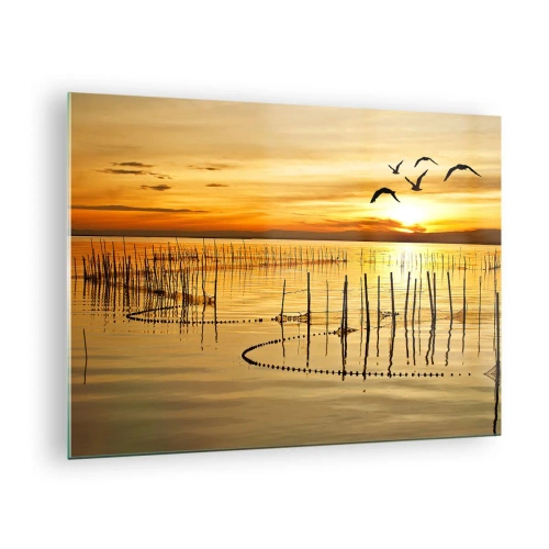 Tablou pe sticlă - Apus de soare peste un lac cu păsări și plase de pescuit - 70x50cm - În zona pescuitului - Decorațiune modernă pentru perete pentru living și dormitor ARTTOR