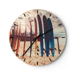 Ceas de perete - Ceas pe sticlă - Plăci de surf aliniate pe plajă la apus - 30x30cm - Noapte bună, până mâine - Decorațiune modernă pentru perete pentru living, bucătărie și dormitor ARTTOR