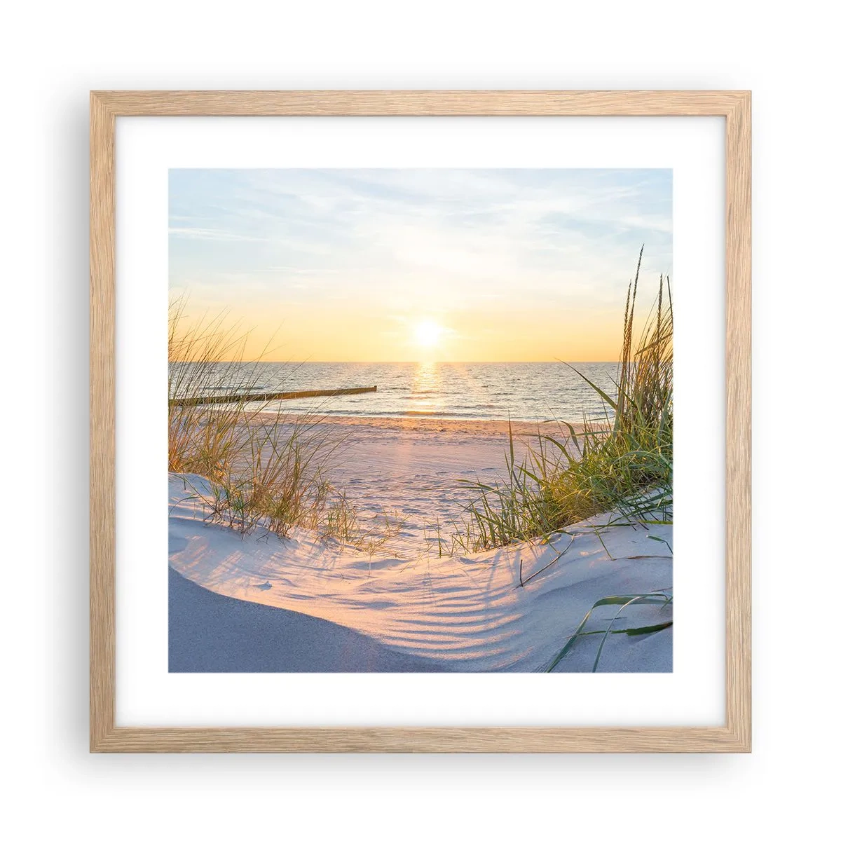 Poster în ramă de stejar deschis - Zumzet de mare, o plajă sălbatică printre ierburi... - 40x40 cm