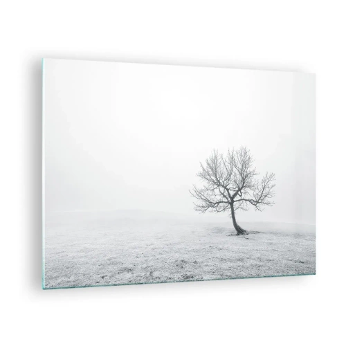 Tablou pe sticlă - Un copac singuratic pe fundalul ceții, într-o compoziție monocromatică - 70x50cm - Împotriva neantului - Decorațiune modernă pentru perete pentru living și dormitor ARTTOR