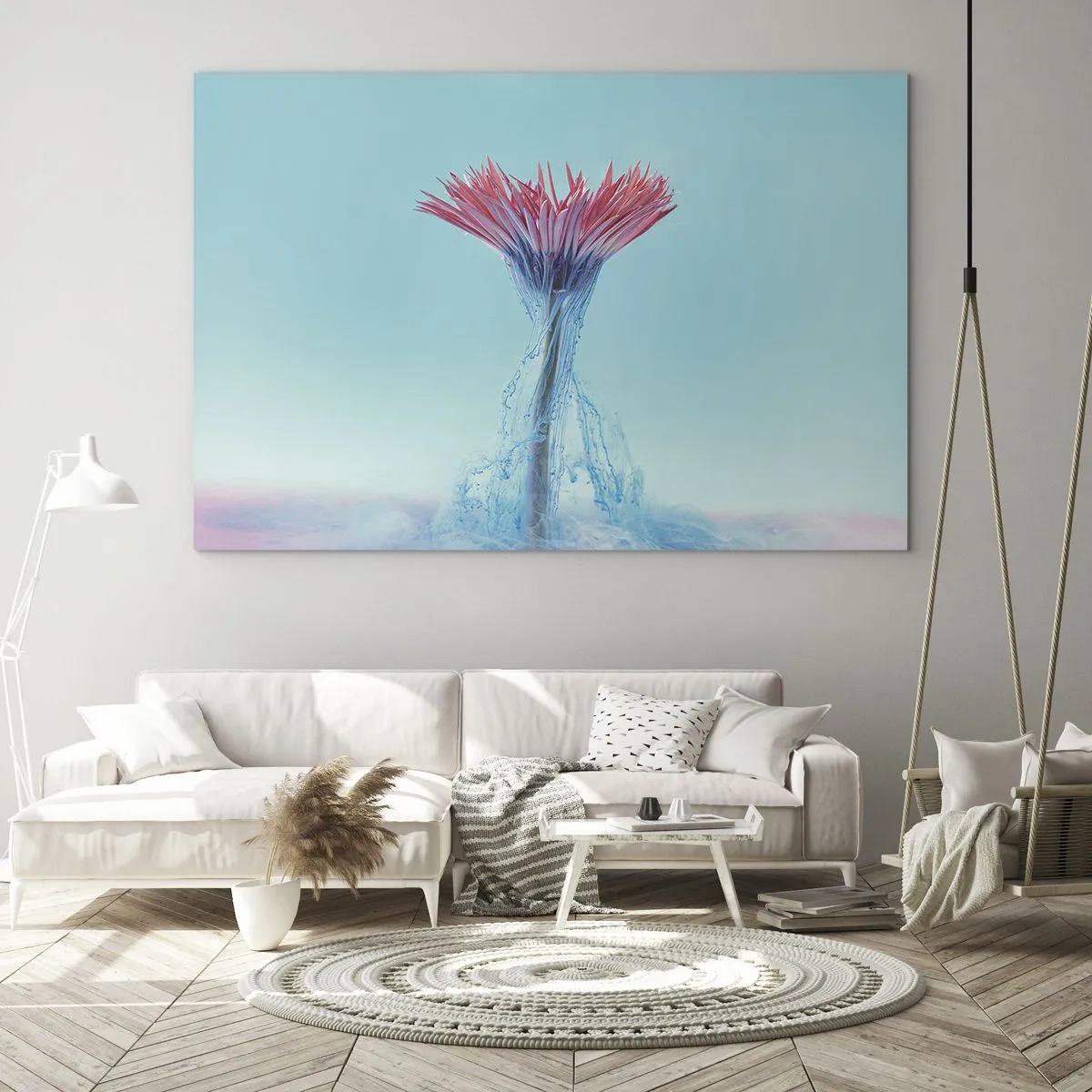 Tablou pe sticlă - O floare fantezistă cufundată într-o ceață albastră și roz - 70x50cm - Într-o unduire revigorantă - Decorațiune modernă pentru perete pentru living și dormitor ARTTOR
