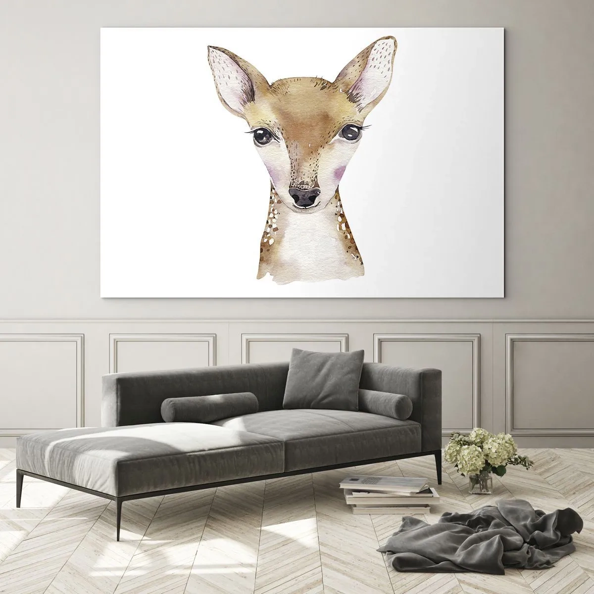 Tablou pe sticlă - Un portret fermecător în acuarelă al unui pui de căprioară - 70x50cm - Natura inocenței - Decorațiune modernă pentru perete pentru living și dormitor ARTTOR
