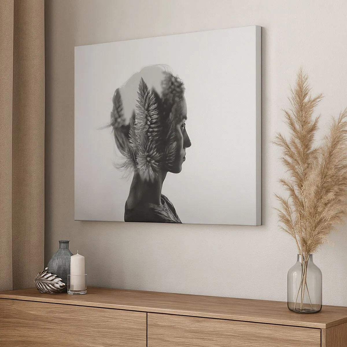 Tablou pe pânză Canvas - Un portret subtil cu elemente din natură - 70x50cm - Doamna din pădurea de pini - Decorațiune modernă pentru perete pentru living și dormitor ARTTOR