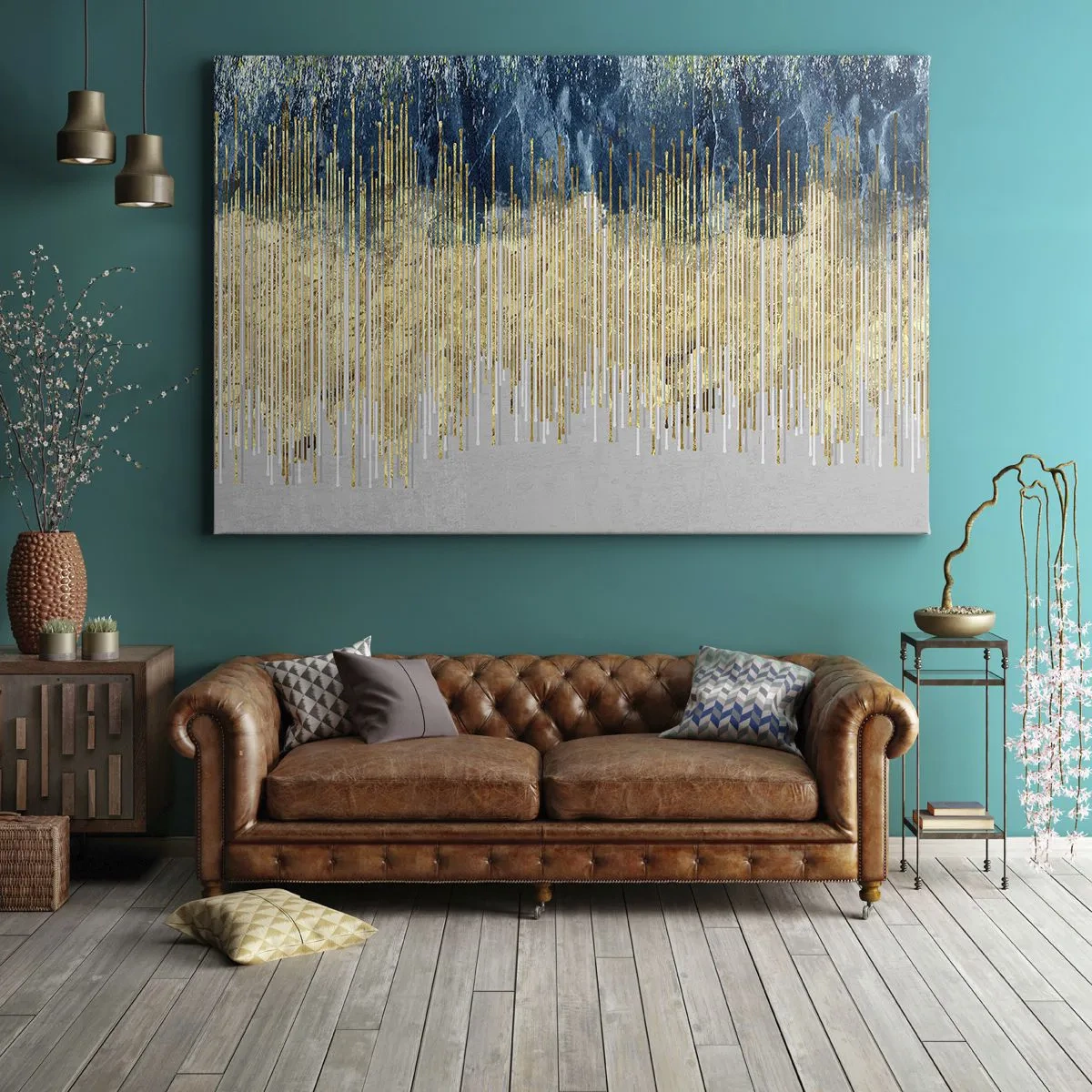 Tablou pe pânză Canvas - Linii aurii pe un fundal de abstracție albastru marin și gri - 70x50cm - Granița aurită - Decorațiune modernă pentru perete pentru living și dormitor ARTTOR