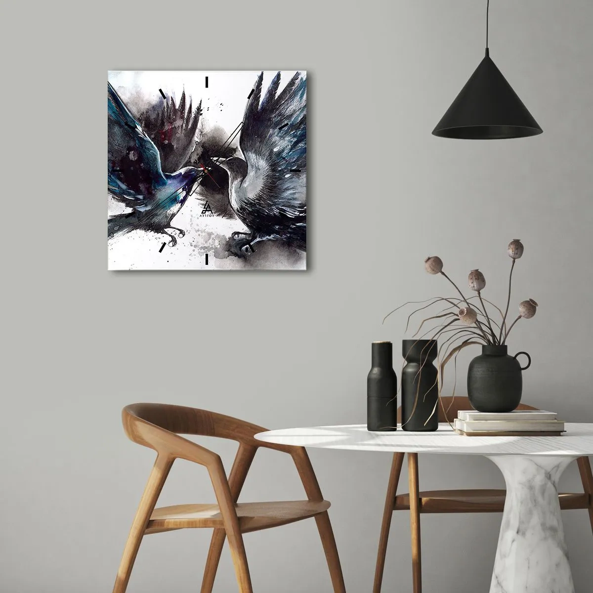 Ceas de perete - Ceas pe sticlă - Bătălia corbilor - 40x40 cm