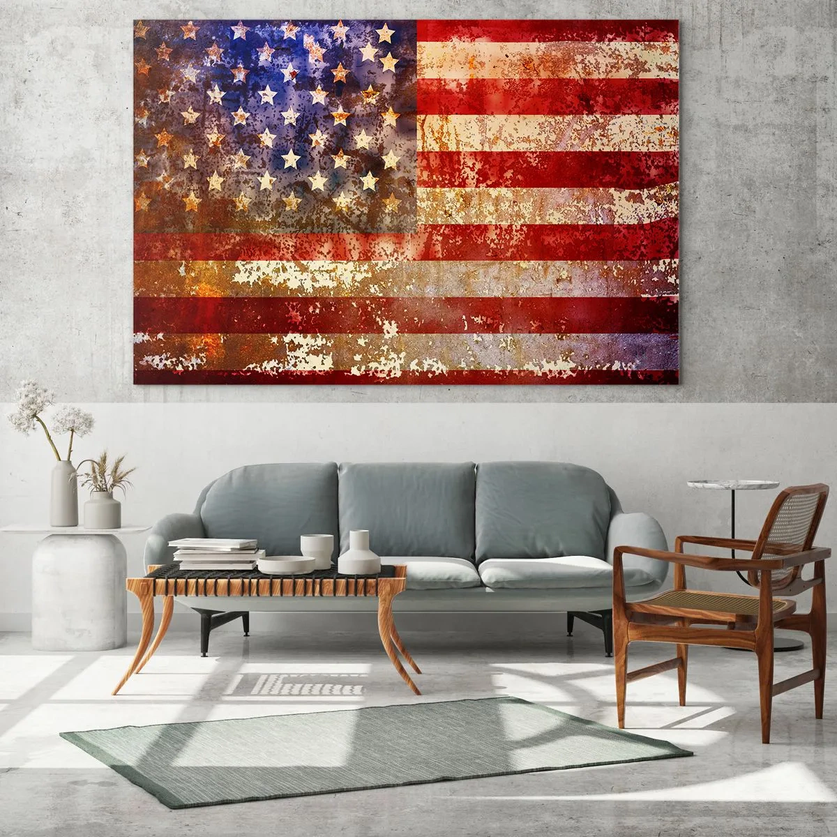 Tablou pe sticlă - Steagul american ruginit - 70x50cm - Gloria nu trece - Decorațiune modernă pentru perete pentru living și dormitor ARTTOR