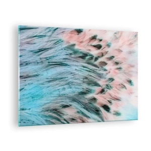 Tablou pe sticlă - Prim-plan cu pene în nuanțe de roz-safir - 70x50cm - Puful roz și safir - Decorațiune modernă pentru perete pentru living și dormitor ARTTOR