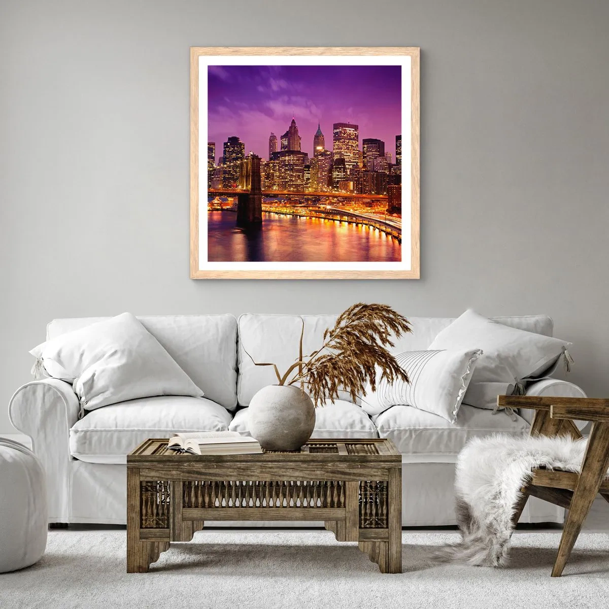 Poster în ramă de stejar deschis - Manhathannul mov-auriu - 30x30 cm