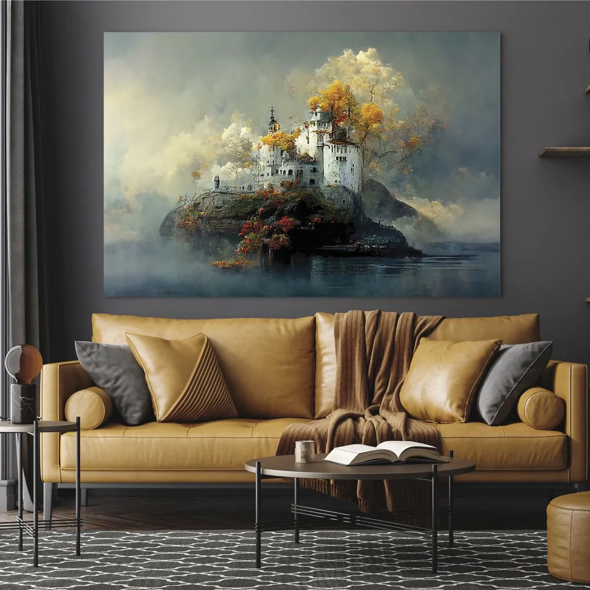 Tablou pe sticlă - Un castel pe o stâncă înconjurat de ceață și copaci de toamnă - 70x50cm - Începutul unei povești romantice - Decorațiune modernă pentru perete pentru living și dormitor ARTTOR