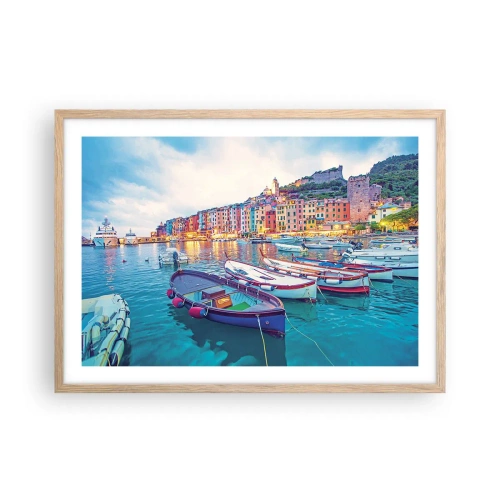 Poster în ramă de stejar deschis - O seară plină de culoare în port - 70x50 cm