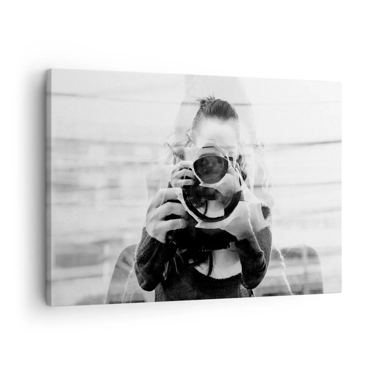 Tablou pe pânză Canvas - Portret alb-negru cu dublă expunere al unui fotograf - 70x50cm - Creator și material - Decorațiune modernă pentru perete pentru living și dormitor ARTTOR