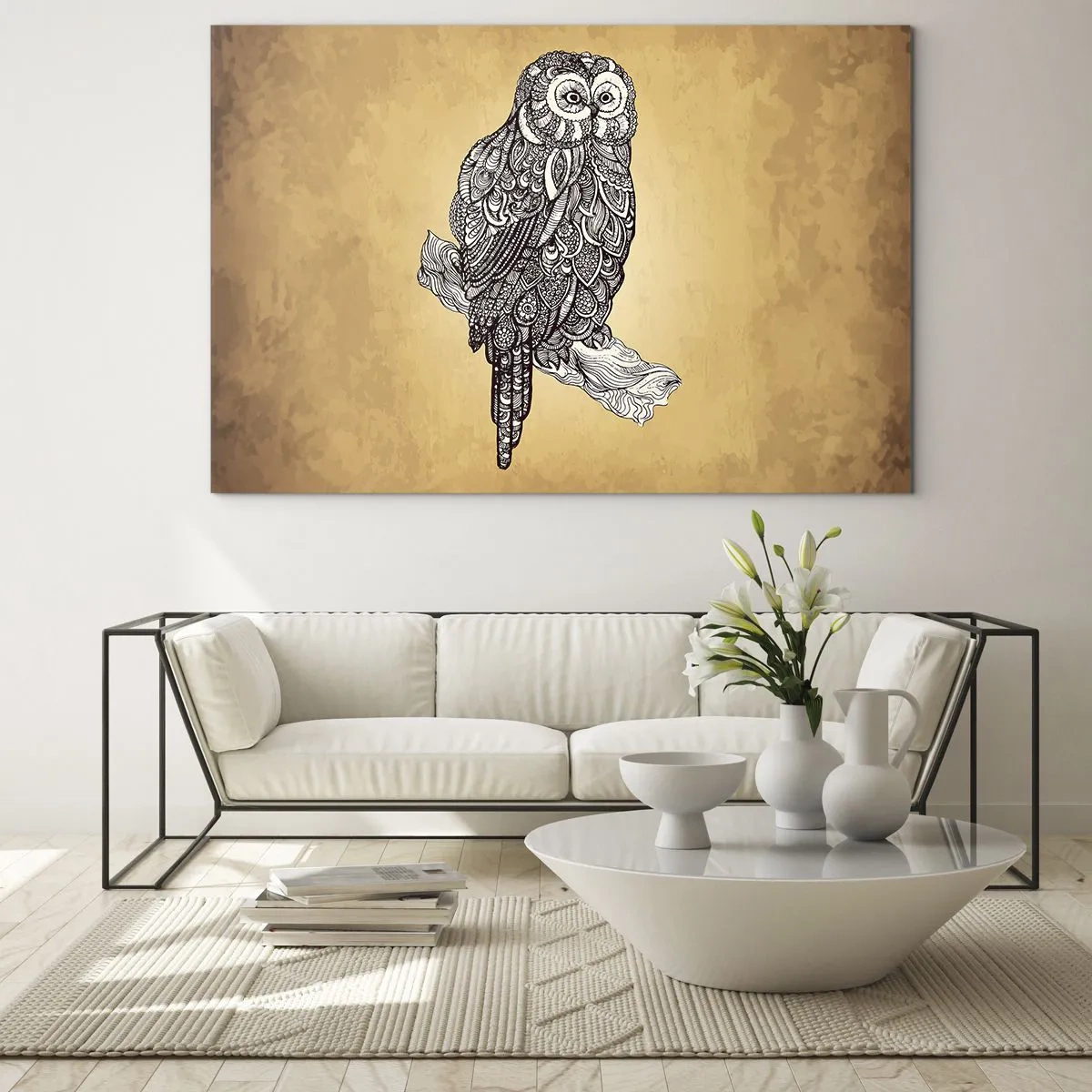 Tablou pe sticlă - Bufniță în stil ornamental pe fundal sepia - 70x50cm - Ornamente complicate de înțelepciune - Decorațiune modernă pentru perete pentru living și dormitor ARTTOR
