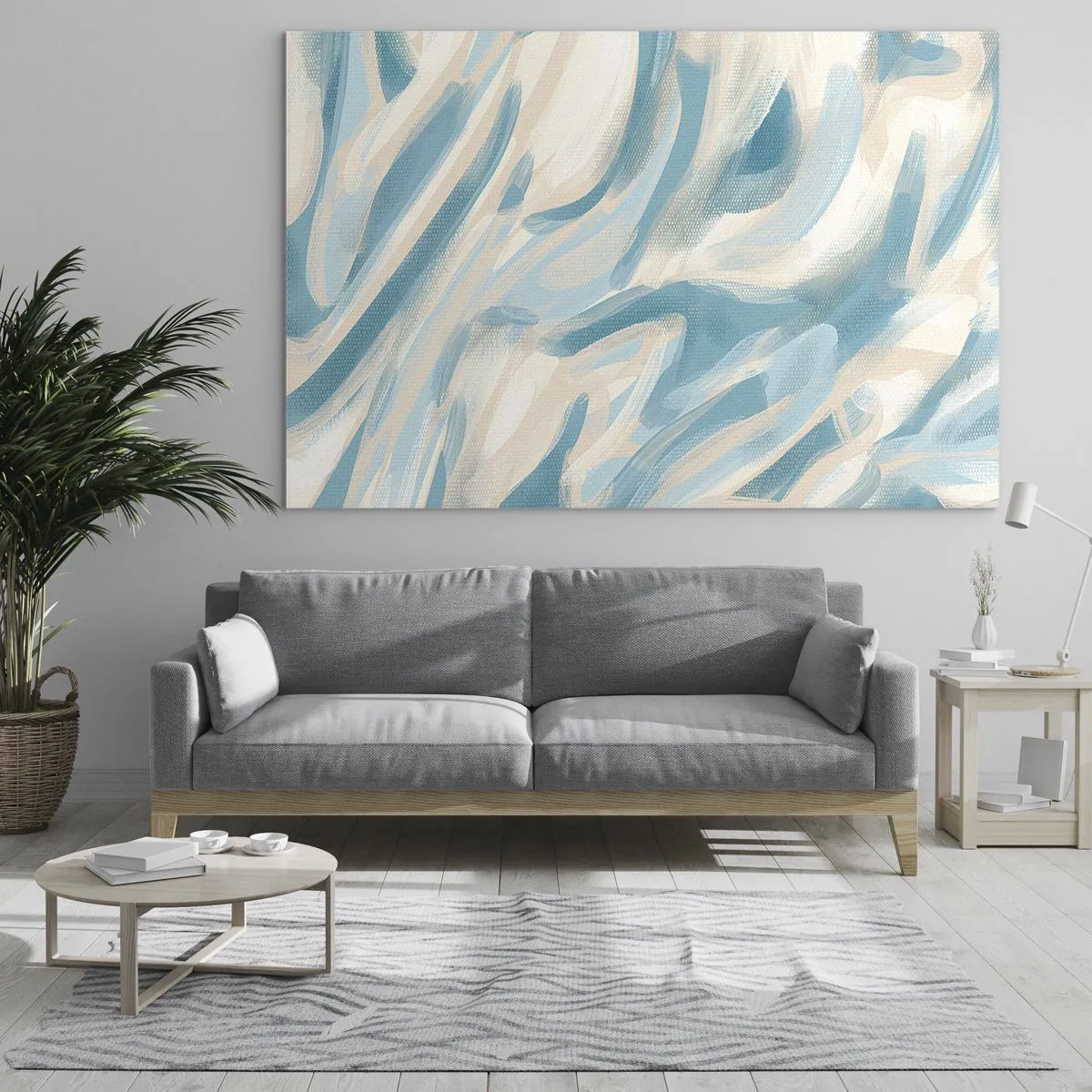 Tablou pe sticlă - Pensule abstracte în culori albastre și crem. - 70x50cm - Brize de primăvară - Decorațiune modernă pentru perete pentru living și dormitor ARTTOR