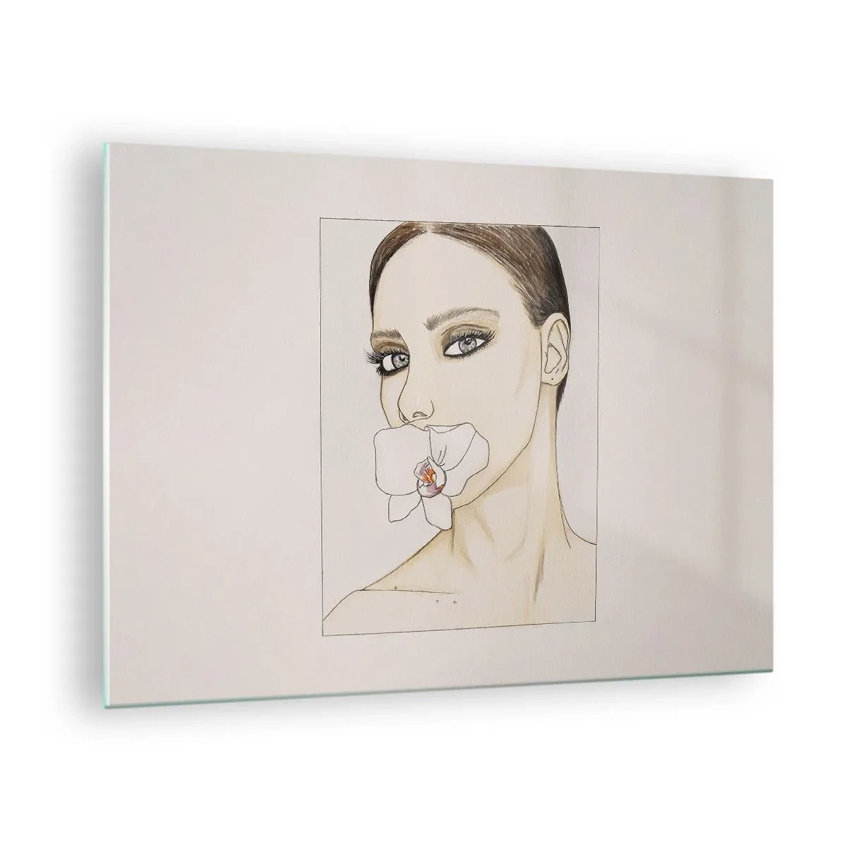 Tablou pe sticlă - Portretul unei femei cu o orhidee în gură pe un fundal deschis - 70x50cm - Un simbol al eleganței și frumuseții - Decorațiune modernă pentru perete pentru living și dormitor ARTTOR