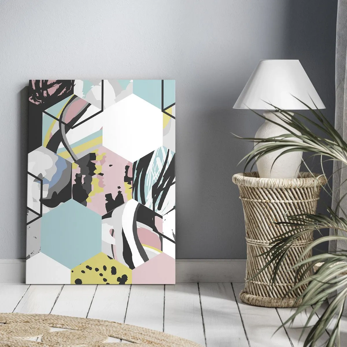 Tablou pe pânză - Hexagoane și cuburi în șase culori - 65x120 cm