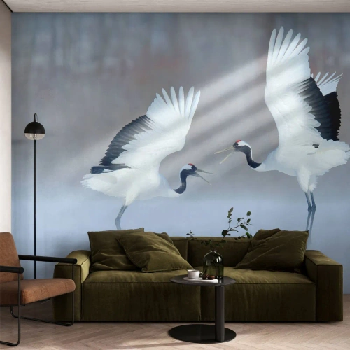 Tapet Standard Eco - Două cocori dansând pe fundalul ceții de iarnă - 100x70cm - Dansând în ceață - Decorațiune modernă pentru perete pentru living și dormitor ARTTOR