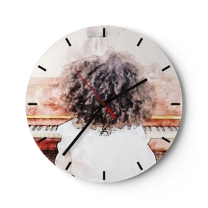 Ceas de perete - Ceas pe sticlă - Un copil cântând la pian, văzut din spate într-un stil artistic. - 30x30cm - Într-o lume a muzicii - Decorațiune modernă pentru perete pentru living, bucătărie și dormitor ARTTOR