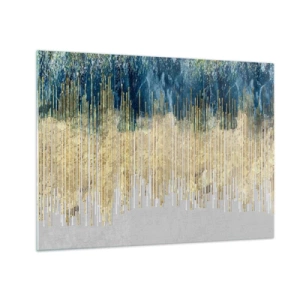 Tablou pe sticlă - Linii verticale aurii pe un fundal de pădure albastru închis - 70x50cm - Granița aurită - Decorațiune modernă pentru perete pentru living și dormitor ARTTOR