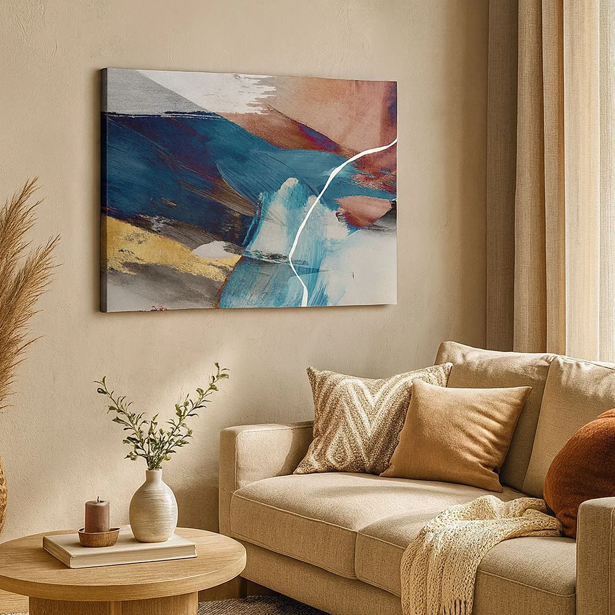 Tablou pe pânză Canvas - Pensule abstracte în nuanțe de albastru și auriu - 70x50cm - Cu fler și energie - Decorațiune modernă pentru perete pentru living și dormitor ARTTOR