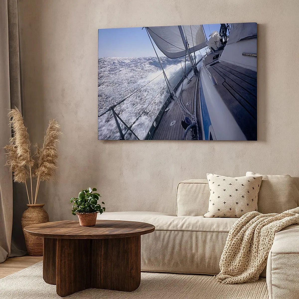 Tablou pe pânză Canvas - O barcă cu pânze într-o mare furtunoasă, cu vele albe și o punte de lemn. - 70x50cm - Știu ce înseamnă să fii o pasăre - Decorațiune modernă pentru perete pentru living și dormitor ARTTOR