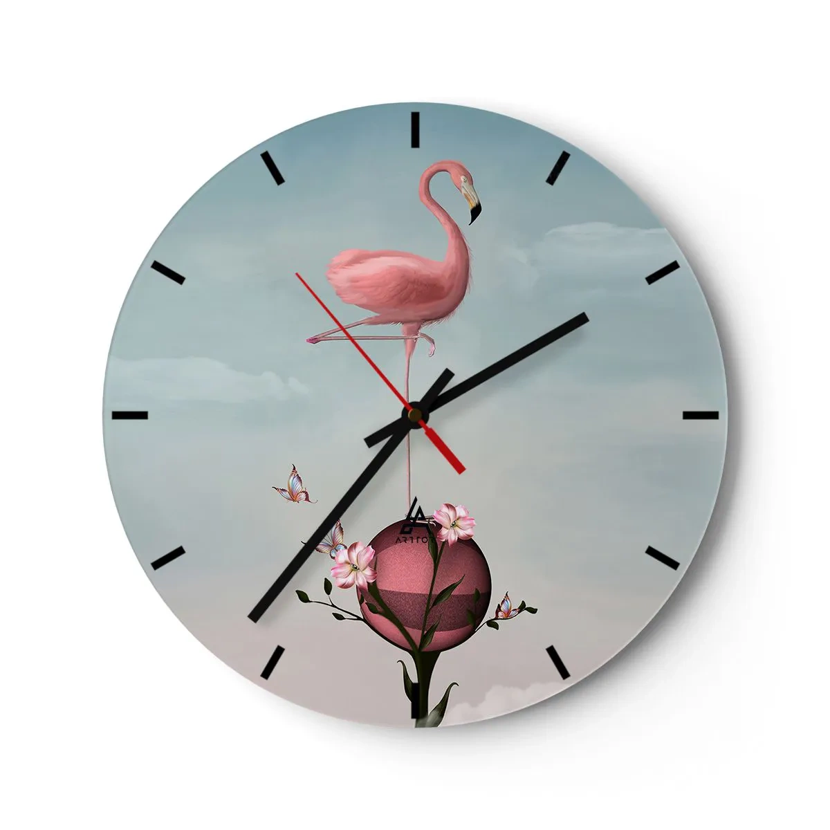 Ceas de perete - Ceas pe sticlă - Un flamingo roz stând pe o minge decorată cu flori. - 30x30cm - Alegoria mingii de baschet - Decorațiune modernă pentru perete pentru living, bucătărie și dormitor ARTTOR