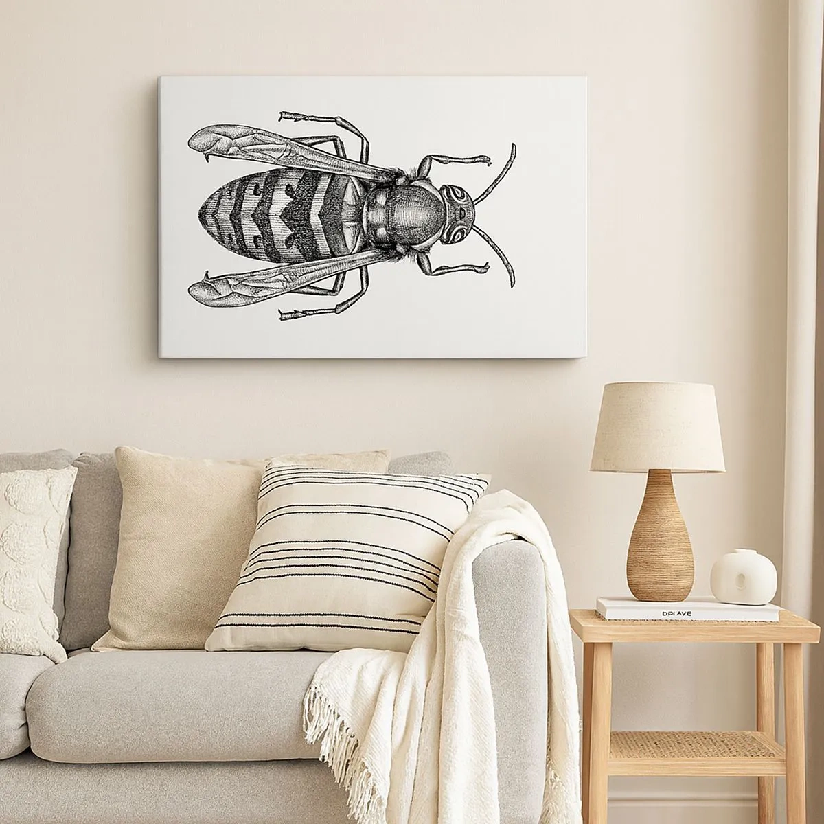 Tablou pe pânză Canvas - Un motiv de viespe de desene animate pe fundal alb, în stil minimalist. - 70x50cm - De pe o planetă de insecte - Decorațiune modernă pentru perete pentru living și dormitor ARTTOR