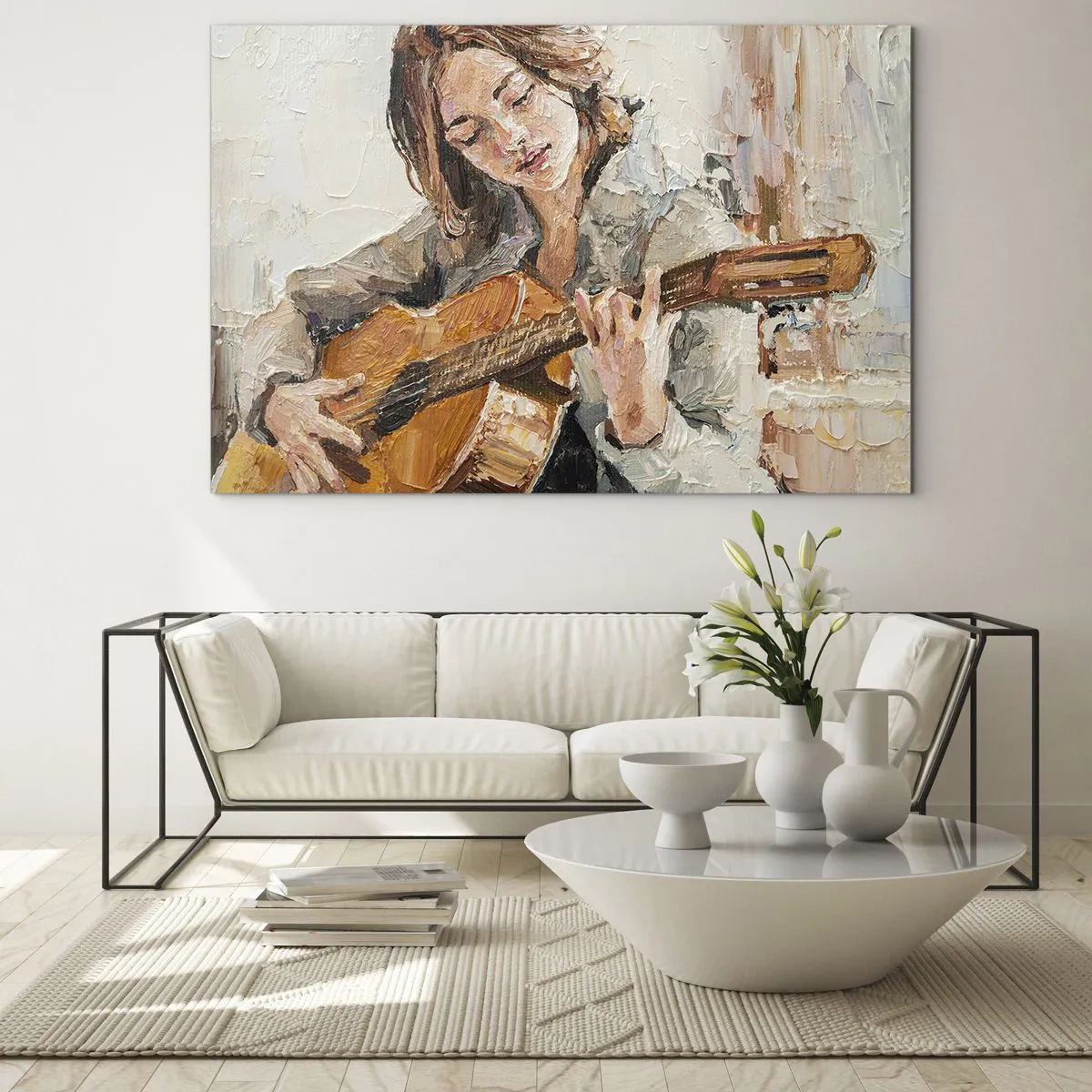 Tablou pe sticlă - O fată cântând la chitară într-un stil impresionist - 70x50cm - Concert pentru chitară și inima unei fete - Decorațiune modernă pentru perete pentru living și dormitor ARTTOR