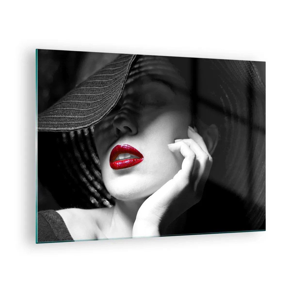 Tablou pe sticlă - Compoziție alb-negru cu accent roșu pe buze - 70x50cm - Studiu în stacojiu - Decorațiune modernă pentru perete pentru living și dormitor ARTTOR