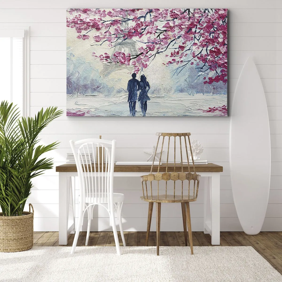 Tablou pe pânză Canvas - Un cuplu sub copaci roz înfloriți într-un cadru romantic - 70x50cm - Plimbare romantică - Decorațiune modernă pentru perete pentru living și dormitor ARTTOR