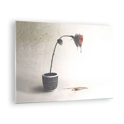 Tablou pe sticlă - Un trandafir simbolic într-un ghiveci cu vopsea picurată - 70x50cm - Rosa dolorosa - Decorațiune modernă pentru perete pentru living și dormitor ARTTOR