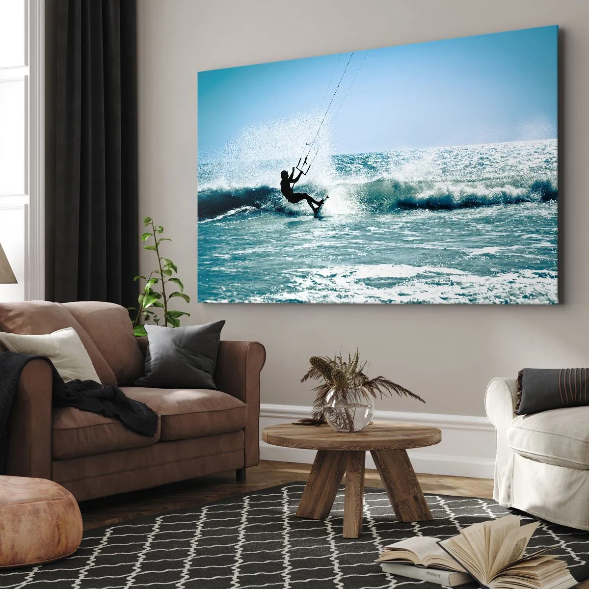 Tablou pe pânză Canvas - Kitesurfer călare pe un val în plin soare - 70x50cm - Lasă-te dus de val - Decorațiune modernă pentru perete pentru living și dormitor ARTTOR