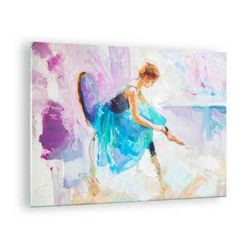 Tablou pe sticlă - O balerină într-o rochie albastră pe un fundal impresionist - 70x50cm - Grație inefabilă, farmec subtil - Decorațiune modernă pentru perete pentru living și dormitor ARTTOR