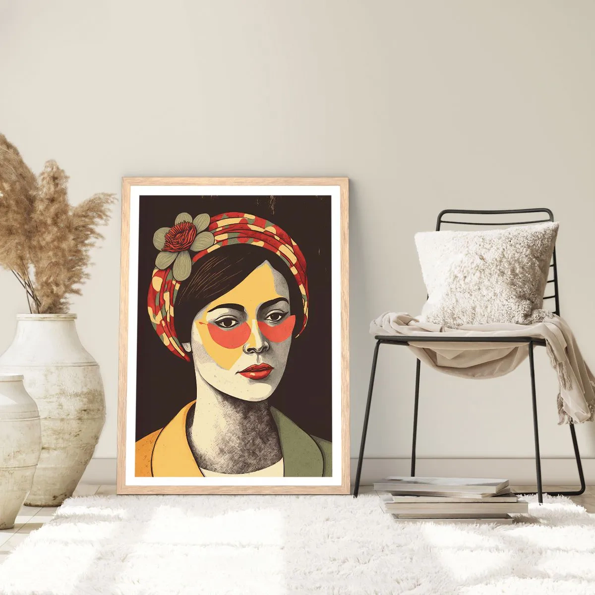 Poster în ramă de stejar deschis - Doamna coral - 70x100 cm