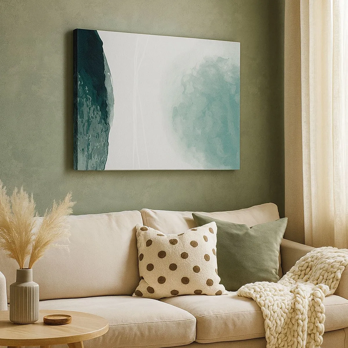 Tablou pe pânză Canvas - O compoziție abstractă delicată în nuanțe de verde cu forme subtile pe un fundal deschis. - 70x50cm - Întâlnire cu ceața - Decorațiune modernă pentru perete pentru living și dormitor ARTTOR