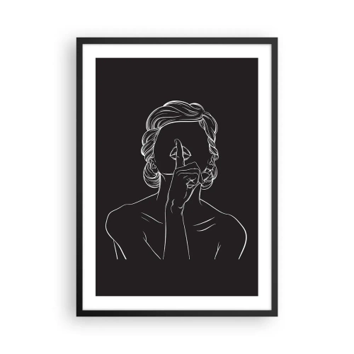 Poster în ramă neagră - O ilustrație minimalistă a unei femei care face un gest de tăcere pe un fundal negru. - 50x70cm - Frumusețea înflorește în tăcere - Decorațiune modernă pentru perete pentru living și dormitor ARTTOR