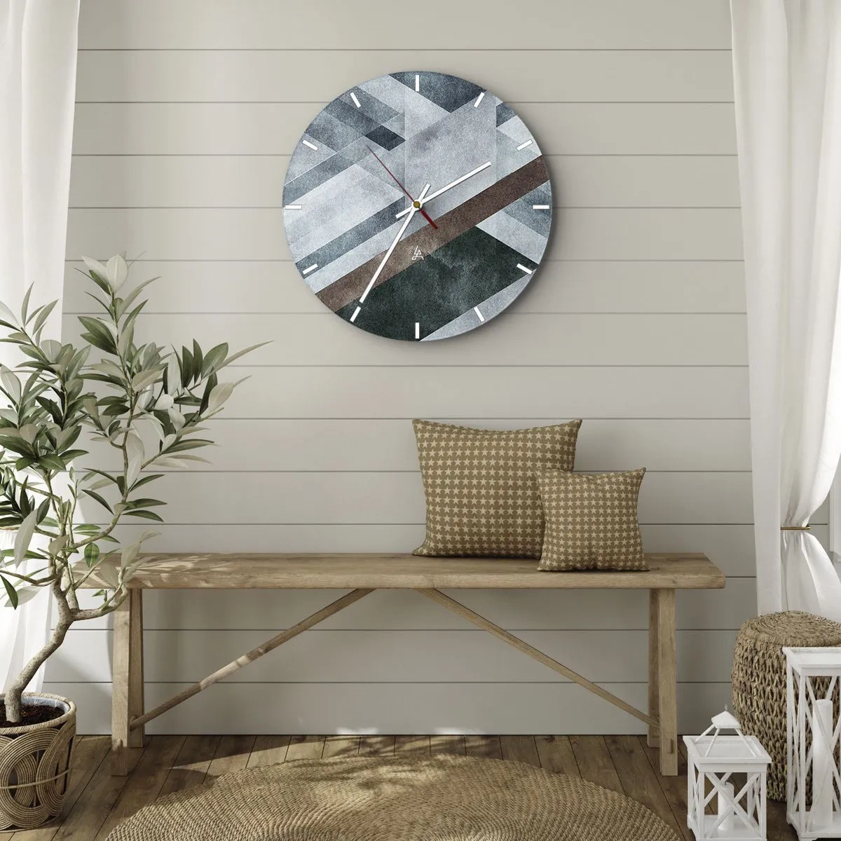 Ceas de perete - Ceas pe sticlă - Geometrie în nuanțe de albastru, maro și gri - 30x30cm - Eleganța sofisticată a geometriei - Decorațiune modernă pentru perete pentru living, bucătărie și dormitor ARTTOR