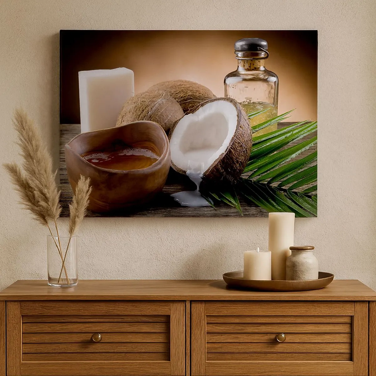 Tablou pe pânză Canvas - Nuci de cocos, lumânare și ulei pe un fundal de lemn - 70x50cm - Sănătate din insulele tropicale - Decorațiune modernă pentru perete pentru living și dormitor ARTTOR