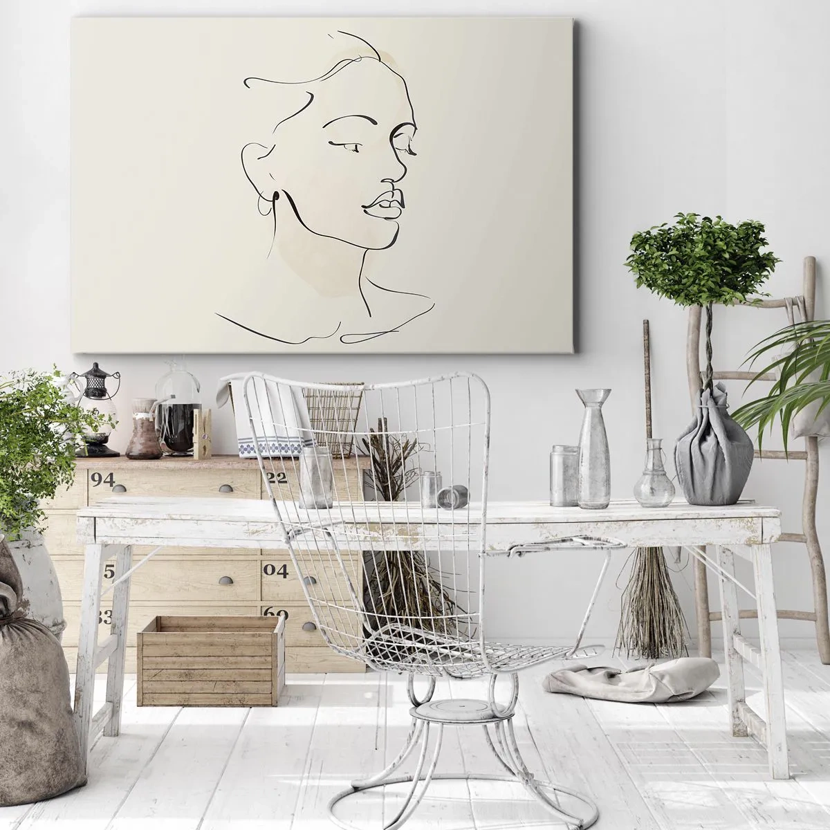 Tablou pe pânză Canvas - O schiță delicată a feței unei femei pe un fundal deschis - 70x50cm - Cu o linie sigură - Decorațiune modernă pentru perete pentru living și dormitor ARTTOR