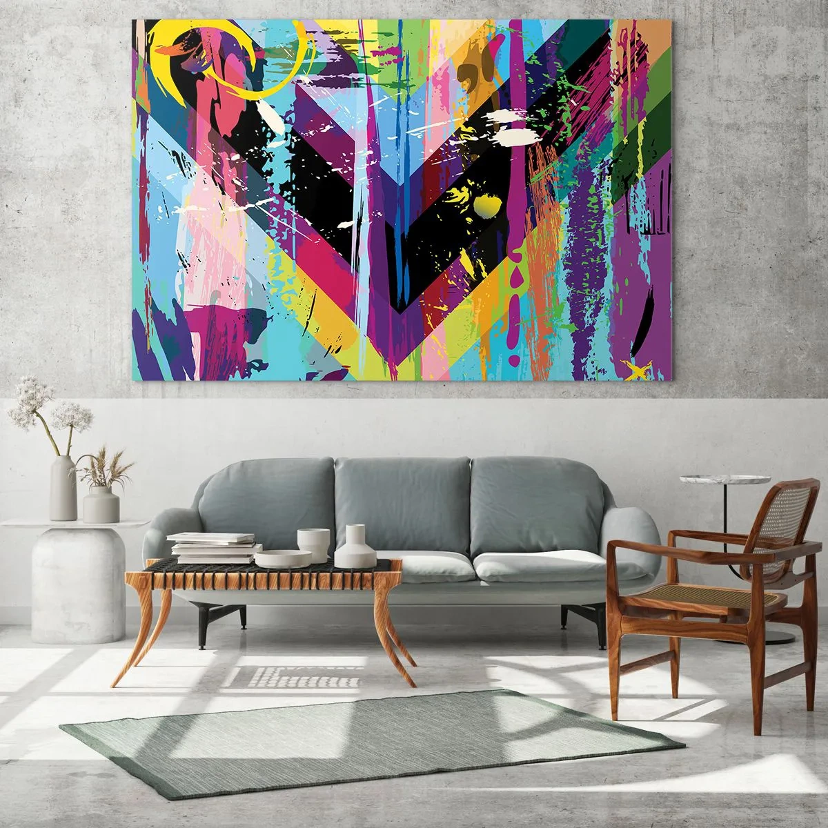 Tablou pe sticlă - Abstracție colorată cu forme dinamice și culori intense - 70x50cm - De sus în jos - Decorațiune modernă pentru perete pentru living și dormitor ARTTOR