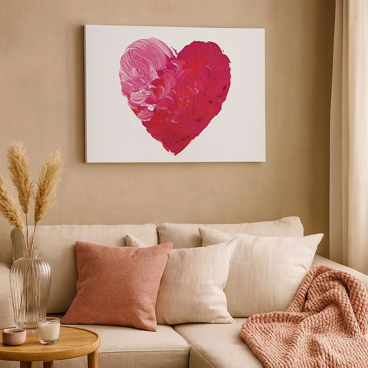 Tablou pe pânză Canvas - inimă roz și roșie pictată cu o pensulă - 70x50cm - All you need is love - Decorațiune modernă pentru perete pentru living și dormitor ARTTOR