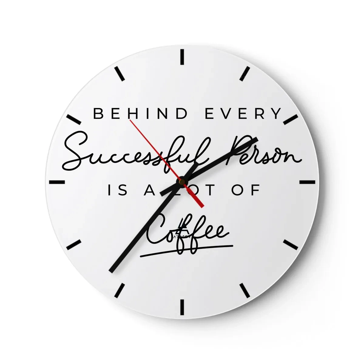 Ceas de perete - Ceas pe sticlă - Un ceas alb cu o inscripție motivațională despre cafea. - 30x30cm - Secretul succesului - Decorațiune modernă pentru perete pentru living, bucătărie și dormitor ARTTOR